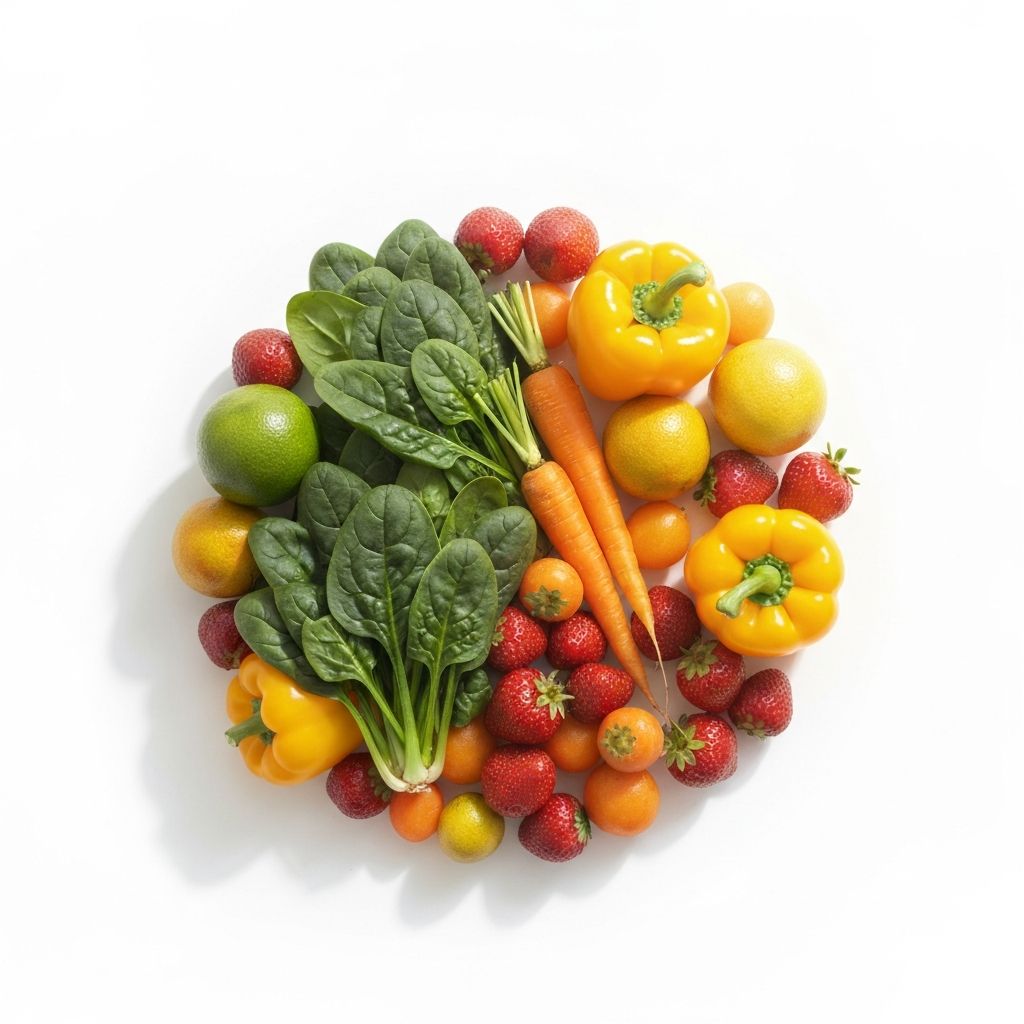 Fresh vegetables and fruits in circular composition